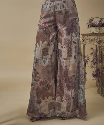 Printed lurex chiffon embroidery detailed gathered top with a-line palazzo and embroidered net dupatta 4