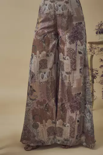 Printed lurex chiffon embroidery detailed gathered top with a-line palazzo and embroidered net dupatta