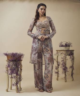 Printed lurex chiffon hand embroidered bustier top with parallel handwork detailed pants 1