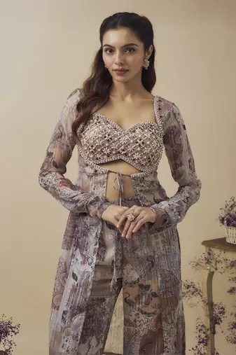 Printed lurex chiffon hand embroidered bustier top with parallel handwork detailed pants