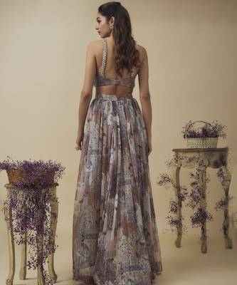 Printed lurex chiffon hand embroidered bustier along with asymetric gathered skirt and embroidered net dupatta 2