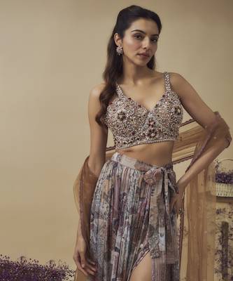 Printed lurex chiffon hand embroidered bustier along with asymetric gathered skirt and embroidered net dupatta 3