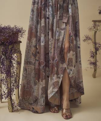Printed lurex chiffon hand embroidered bustier along with asymetric gathered skirt and embroidered net dupatta 4