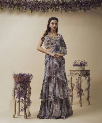 Printed lurex chiffon ruffle ready to wear saree along with hand embroidered corset 1