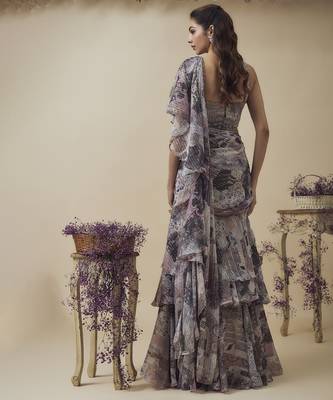 Printed lurex chiffon ruffle ready to wear saree along with hand embroidered corset 2
