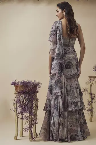 Printed lurex chiffon ruffle ready to wear saree along with hand embroidered corset