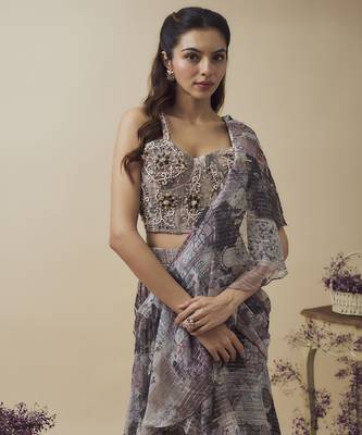 Printed lurex chiffon ruffle ready to wear saree along with hand embroidered corset 3