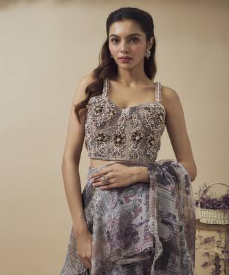 Printed lurex chiffon ruffle ready to wear saree along with hand embroidered corset 4