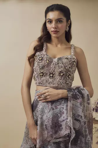 Printed lurex chiffon ruffle ready to wear saree along with hand embroidered corset