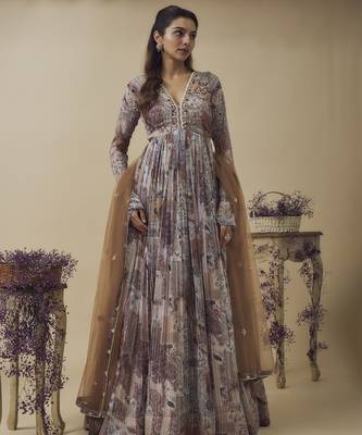 Printed lurex chiffon hand embroidered gown along with embroidered net dupatta 1