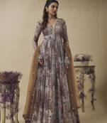 Printed lurex chiffon hand embroidered gown along with embroidered net dupatta