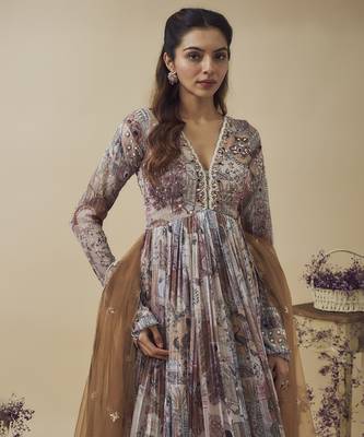 Printed lurex chiffon hand embroidered gown along with embroidered net dupatta 2