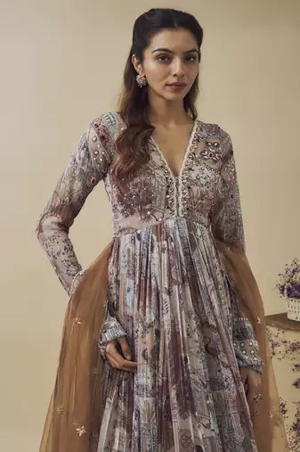 Printed lurex chiffon hand embroidered gown along with embroidered net dupatta