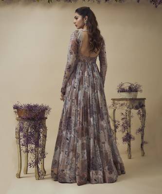 Printed lurex chiffon hand embroidered gown along with embroidered net dupatta 3