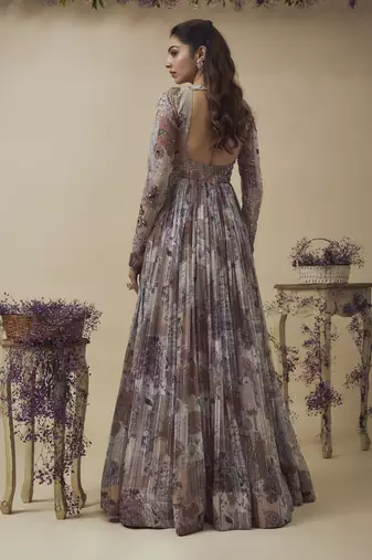 Printed lurex chiffon hand embroidered gown along with embroidered net dupatta