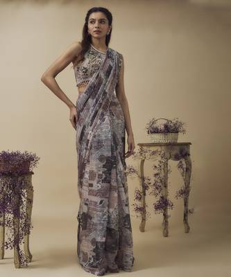 Printed lurex chiffon ready to wear saree along with hand embroidered blouse 1