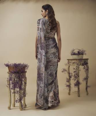 Printed lurex chiffon ready to wear saree along with hand embroidered blouse 2
