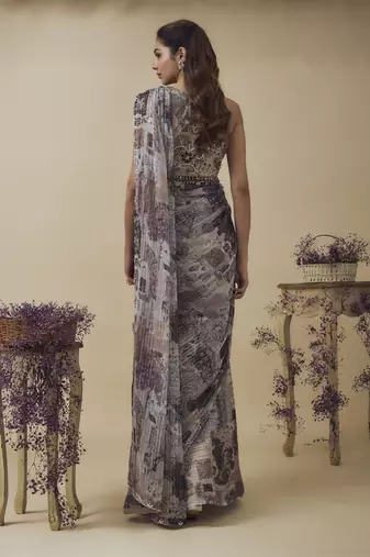 Printed lurex chiffon ready to wear saree along with hand embroidered blouse