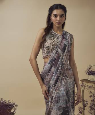 Printed lurex chiffon ready to wear saree along with hand embroidered blouse 3