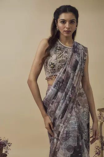 Printed lurex chiffon ready to wear saree along with hand embroidered blouse
