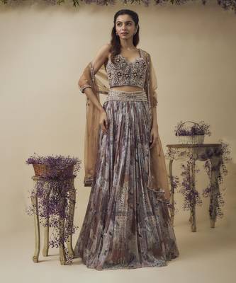 Printed Lurex Chiffon Hand Embroidered Corset Along With Gathered Lehenga Set 1