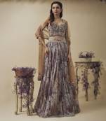 Printed Lurex Chiffon Hand Embroidered Corset Along With Gathered Lehenga Set