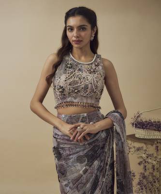 Printed lurex chiffon ready to wear saree along with hand embroidered blouse 4