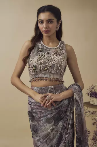 Printed lurex chiffon ready to wear saree along with hand embroidered blouse