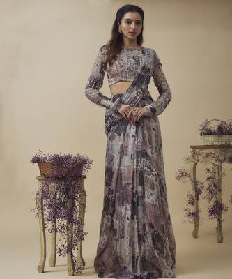 Printed lurex chiffon ready to wear hand embroidered saree with hand embroidered blouse 1