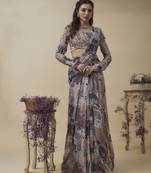 Printed lurex chiffon ready to wear hand embroidered saree with hand embroidered blouse