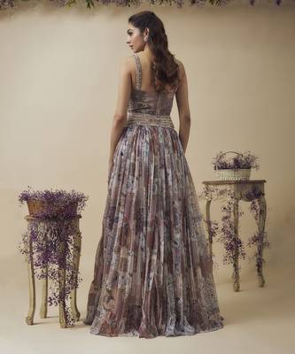Printed Lurex Chiffon Hand Embroidered Corset Along With Gathered Lehenga Set 2