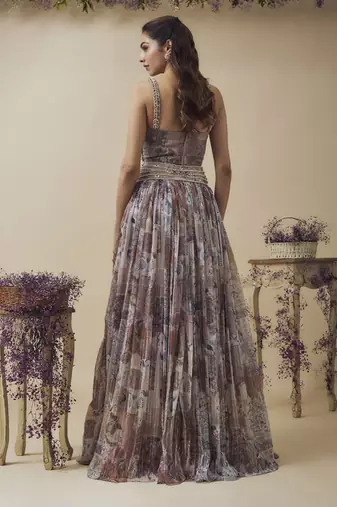 Printed Lurex Chiffon Hand Embroidered Corset Along With Gathered Lehenga Set