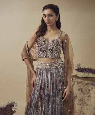 Printed Lurex Chiffon Hand Embroidered Corset Along With Gathered Lehenga Set 3