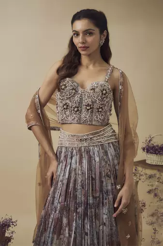 Printed Lurex Chiffon Hand Embroidered Corset Along With Gathered Lehenga Set