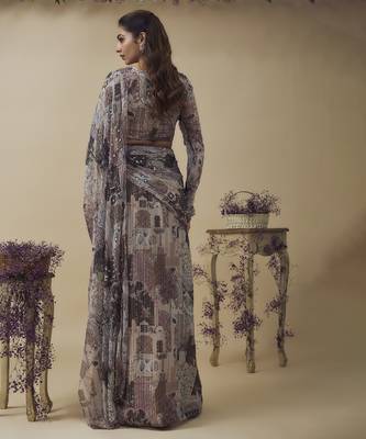 Printed lurex chiffon ready to wear hand embroidered saree with hand embroidered blouse 2