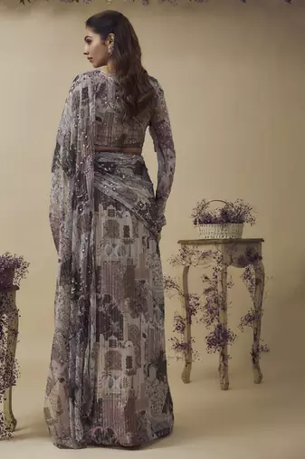 Printed lurex chiffon ready to wear hand embroidered saree with hand embroidered blouse
