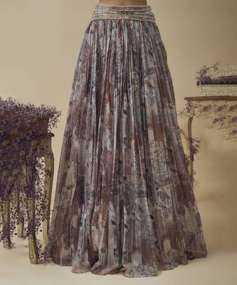 Printed Lurex Chiffon Hand Embroidered Corset Along With Gathered Lehenga Set 4
