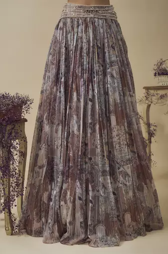 Printed Lurex Chiffon Hand Embroidered Corset Along With Gathered Lehenga Set