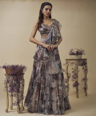 Printed Lurex Chiffon Drape Lehenga Along With Dangles Detailed Hand Embroidered Bustier 1