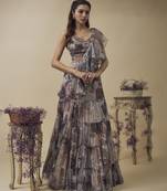 Printed Lurex Chiffon Drape Lehenga Along With Dangles Detailed Hand Embroidered Bustier