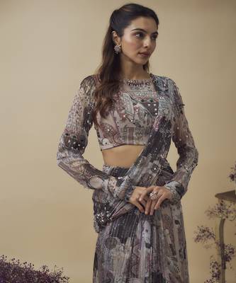 Printed lurex chiffon ready to wear hand embroidered saree with hand embroidered blouse 3