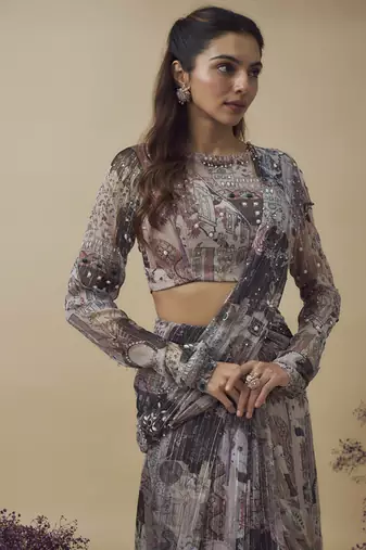 Printed lurex chiffon ready to wear hand embroidered saree with hand embroidered blouse