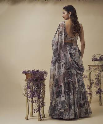 Printed Lurex Chiffon Drape Lehenga Along With Dangles Detailed Hand Embroidered Bustier 2