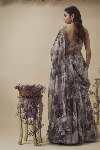 Printed Lurex Chiffon Drape Lehenga Along With Dangles Detailed Hand Embroidered Bustier
