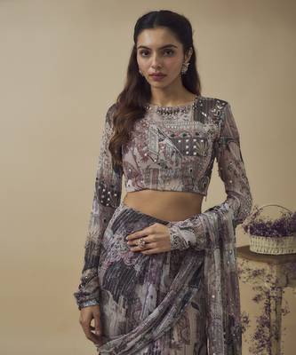 Printed lurex chiffon ready to wear hand embroidered saree with hand embroidered blouse 4