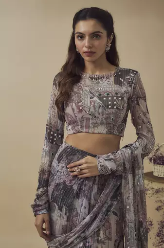 Printed lurex chiffon ready to wear hand embroidered saree with hand embroidered blouse