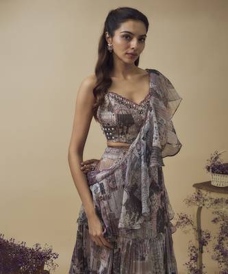 Printed Lurex Chiffon Drape Lehenga Along With Dangles Detailed Hand Embroidered Bustier 3