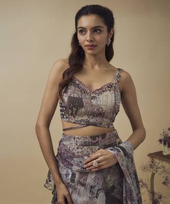 Printed Lurex Chiffon Drape Lehenga Along With Dangles Detailed Hand Embroidered Bustier 4
