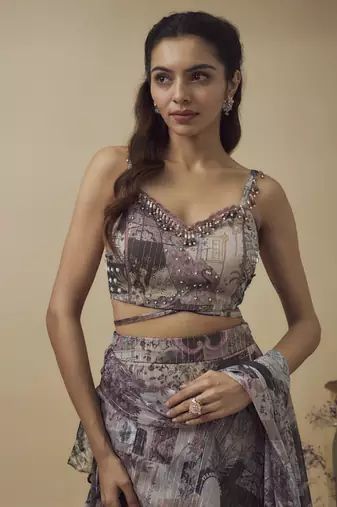 Printed Lurex Chiffon Drape Lehenga Along With Dangles Detailed Hand Embroidered Bustier
