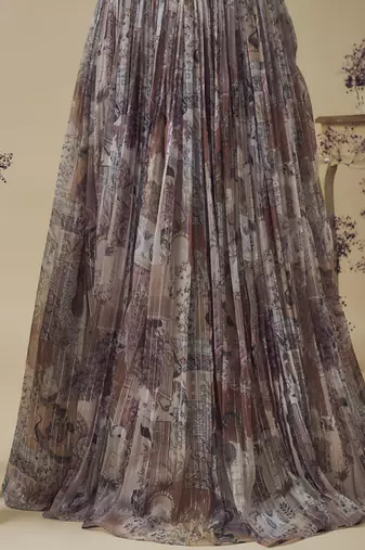 Printed Lurex Chiffon Hand Embroidered Corset Along With Gathered Lehenga Set